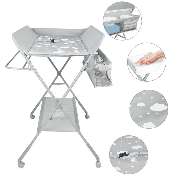 OHMG Baby Wickelkombi Klappbare Wickelkommode,Wickeltisch mit Rollen,Mobiler Wickeltisch mit Wickela