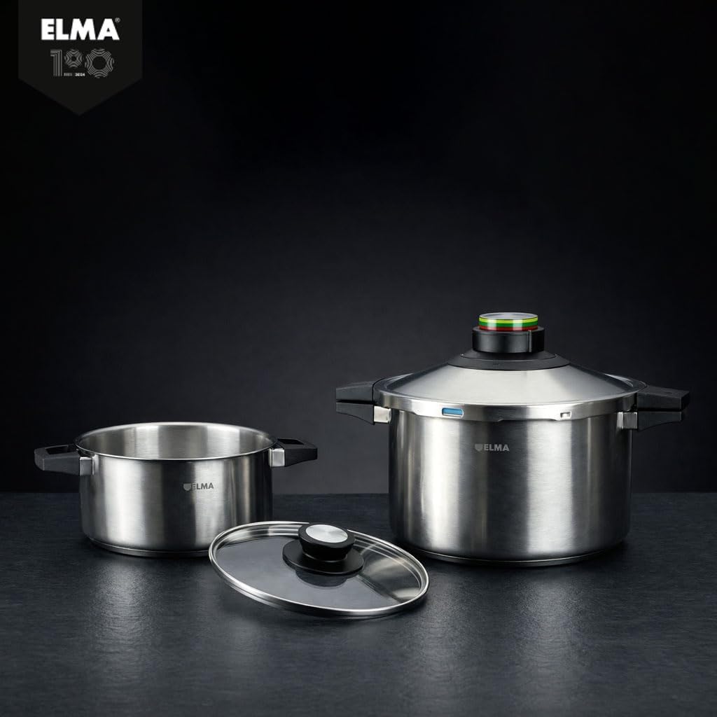 ELMA Set mit 2 Schnellkochtöpfen, 4 + 6 l, Edelstahl 18/10, Induktionsgeeigneter Boden, 2 Kochmodi,