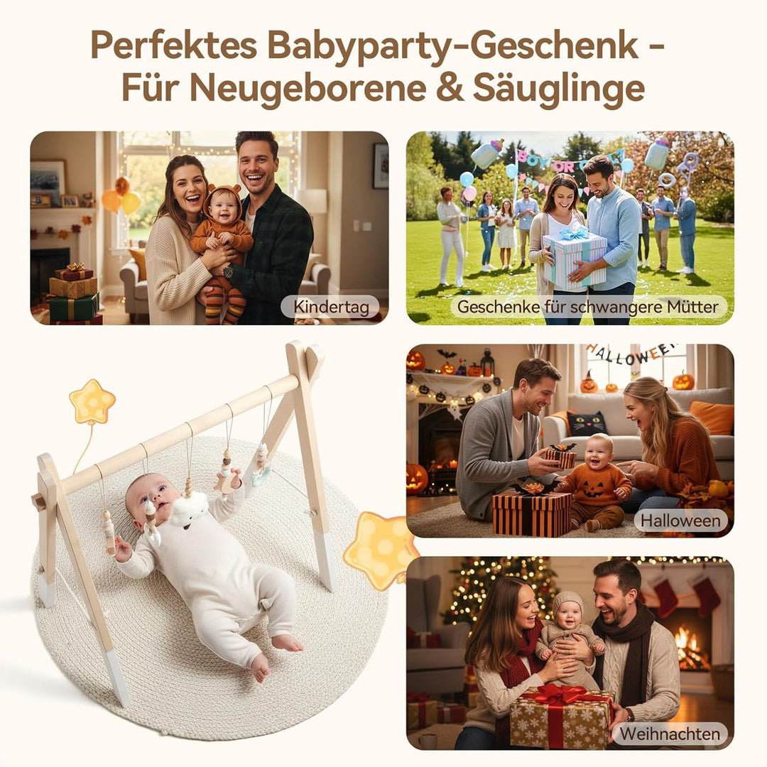 Spielbogen Baby Holz- Montessori Spielbogen mit 5 abnehmbaren Sensorischen Spielzeugen, Faltbar Baby