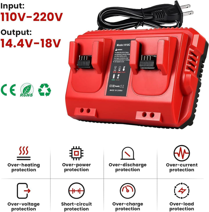 2 Ports Ladegerät Kompatibel mit Milwaukee M18 Akku, 18V Charger 48-59-1812 48-59-1802 48-59-1804, M