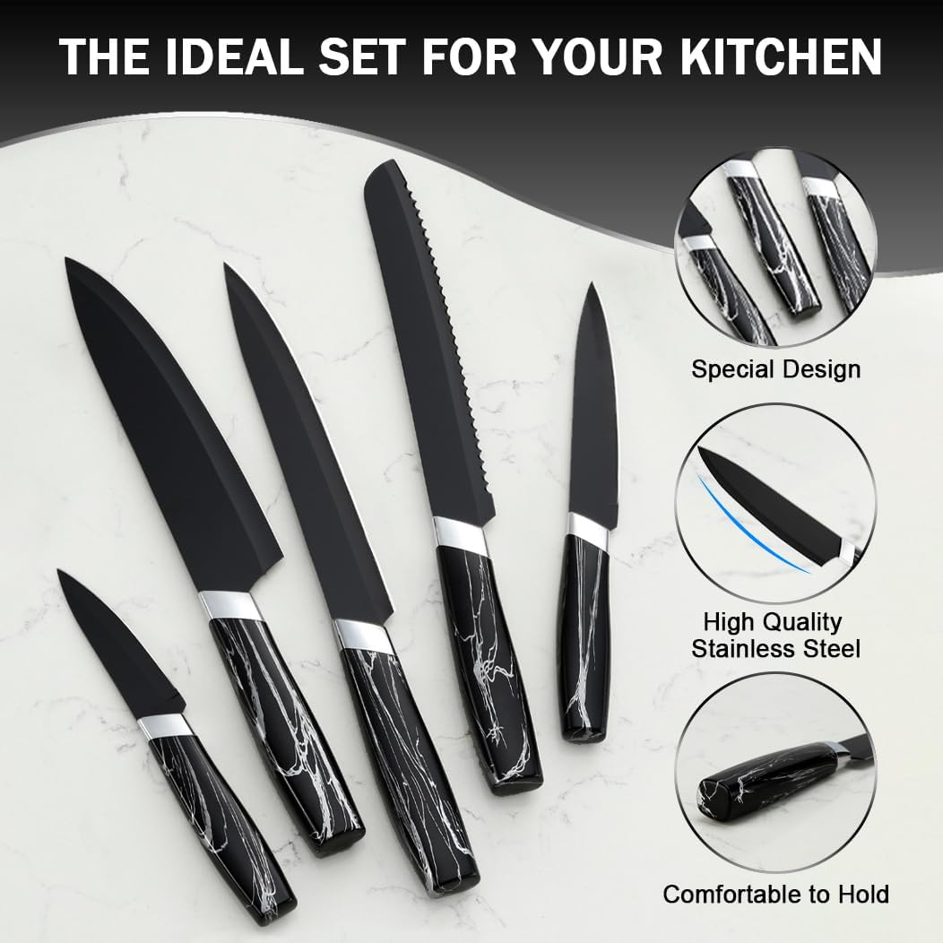 BEWOS Messerset, Schwarz Scharfe Edelstahl Küchenmesser Set, 5PCS Kochmesser Set ink. Kochmesser, Ge