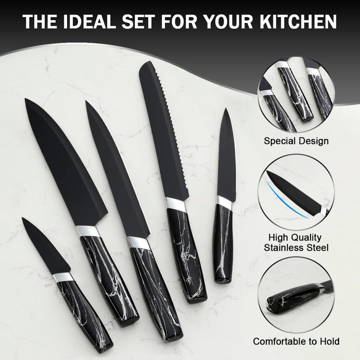 BEWOS Messerset, Schwarz Scharfe Edelstahl Küchenmesser Set, 5PCS Kochmesser Set ink. Kochmesser, Ge
