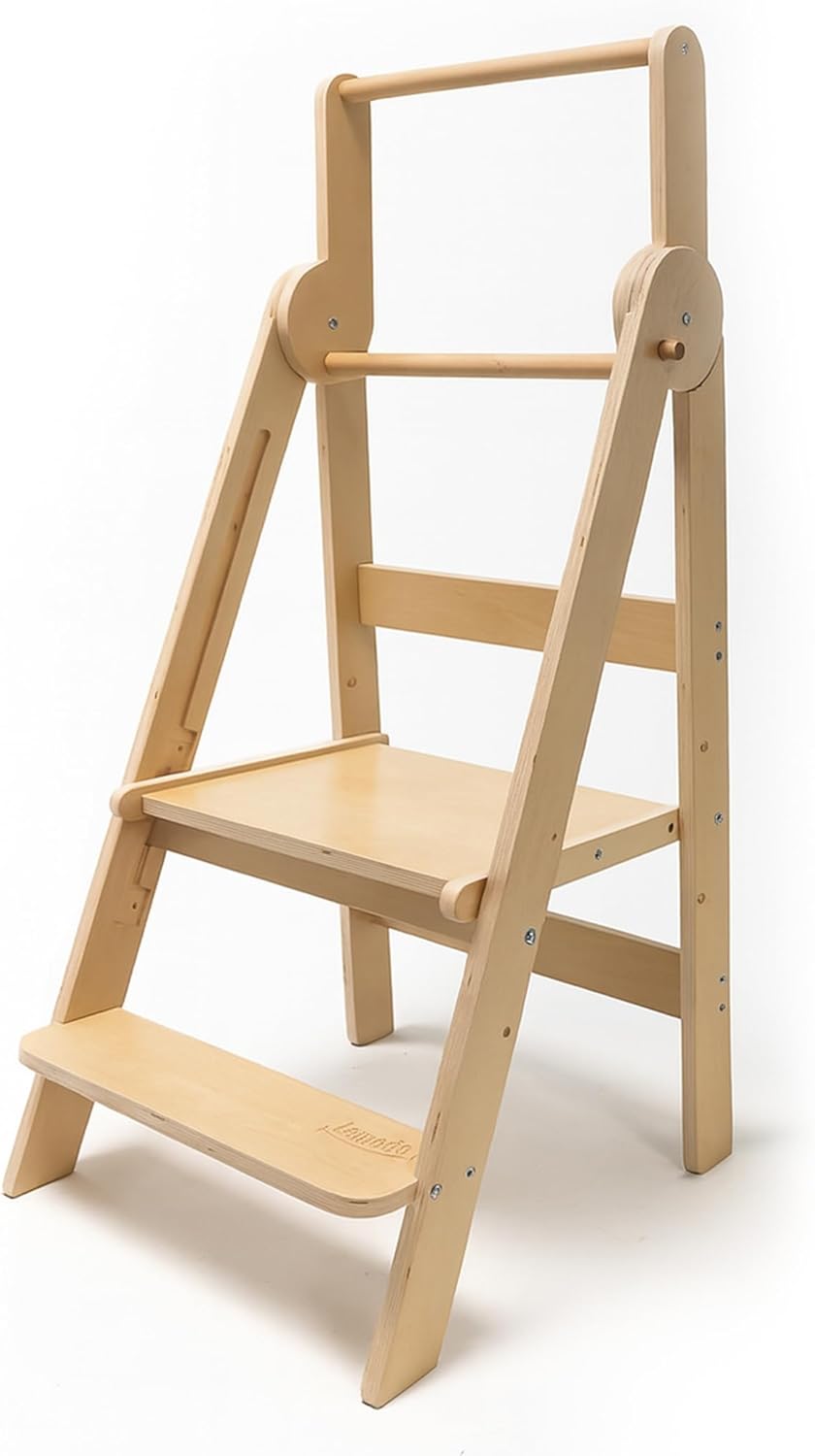 Lemodo Montessori Lernturm klappbar aus Birkenholz, 3-Fach höhenverstellbar, Natur lackiert, bis 50