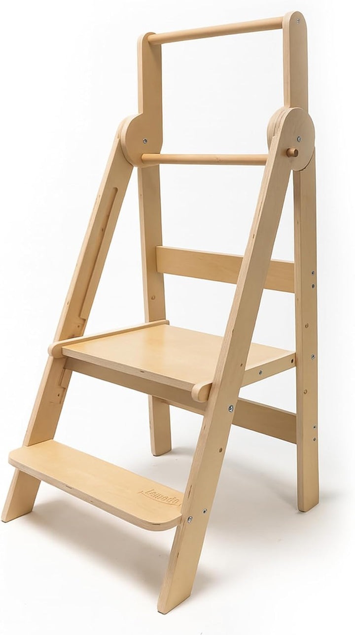Lemodo Montessori Lernturm klappbar aus Birkenholz, 3-Fach höhenverstellbar, Natur lackiert, bis 50