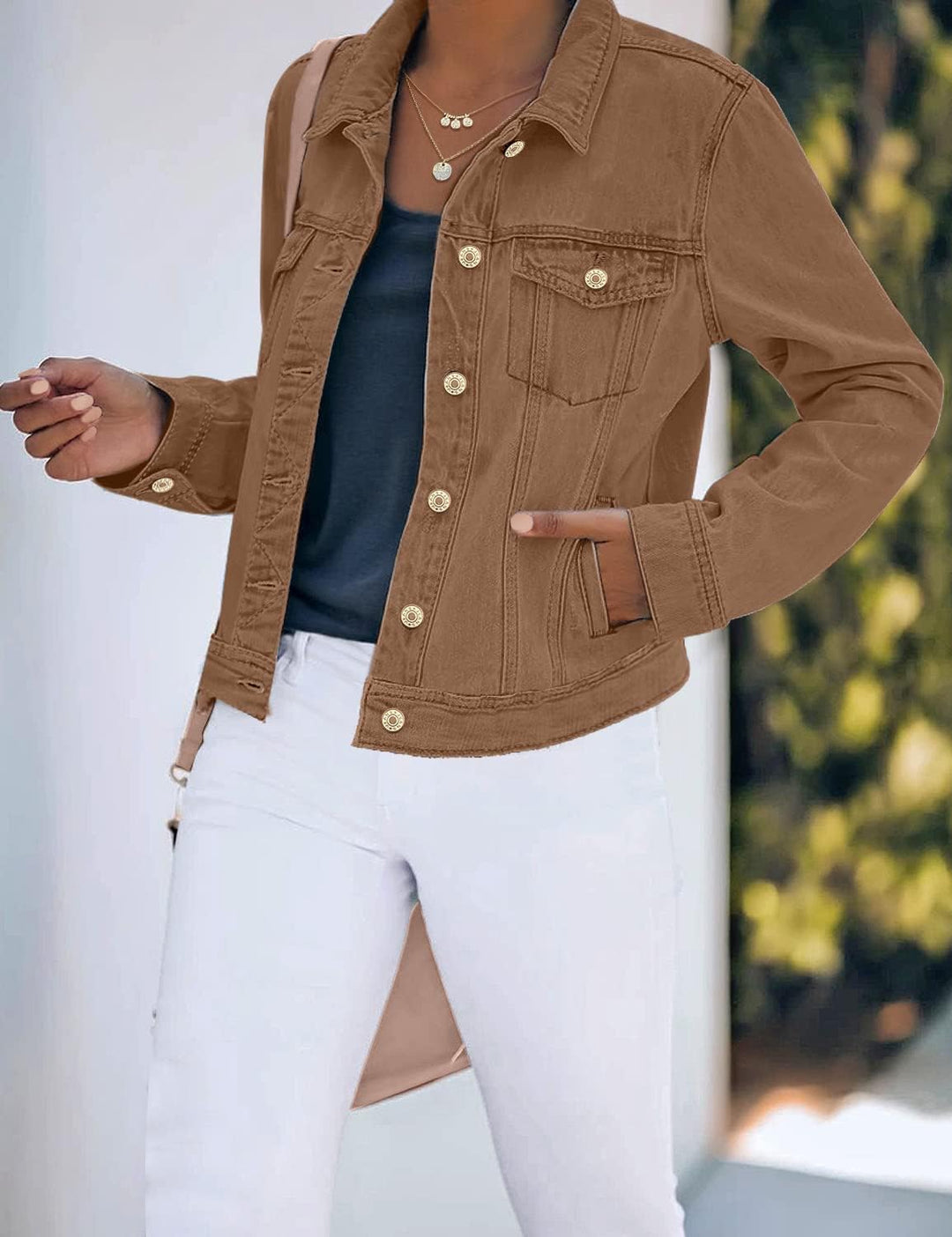 Roskiky Jeansjacken Damen Jean Stretchy Langarm Trucker Jacke mit Tasche XL Braun, XL Braun