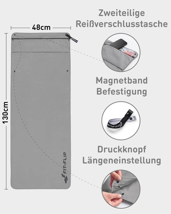 Fit-Flip Fitness Handtuch - mit Magnet und Reissverschluss Tasche - Gym Handtuch aus Mikrofaser für