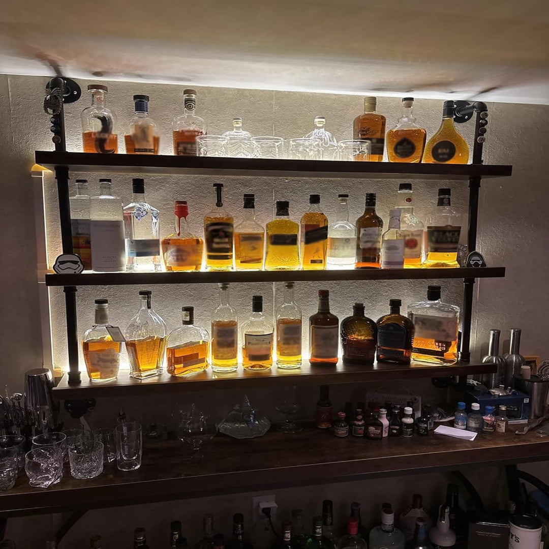80CM Weinregal Wand Massivholz, 3 Ebenens chwebendes Flaschenregal im Industrie-Stil, Multi funktion