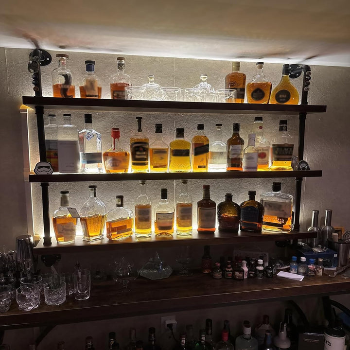 80CM Weinregal Wand Massivholz, 3 Ebenens chwebendes Flaschenregal im Industrie-Stil, Multi funktion