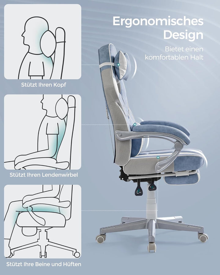 SONGMICS Bürostuhl, Gaming-Stuhl, verstellbar, Teleskop-Fussstütze, Wippmechanismus, Kopfstütze, Len