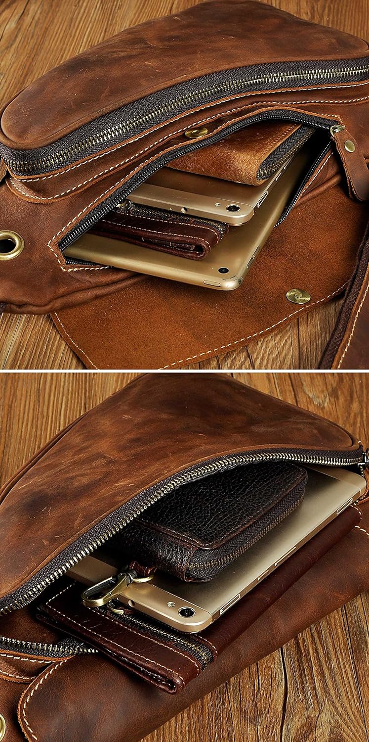 Le’aokuu Herren Echtes Leder Brusttasche Crossbody Bag Sling Bag Schultertasche Rucksäcke Freitzeit