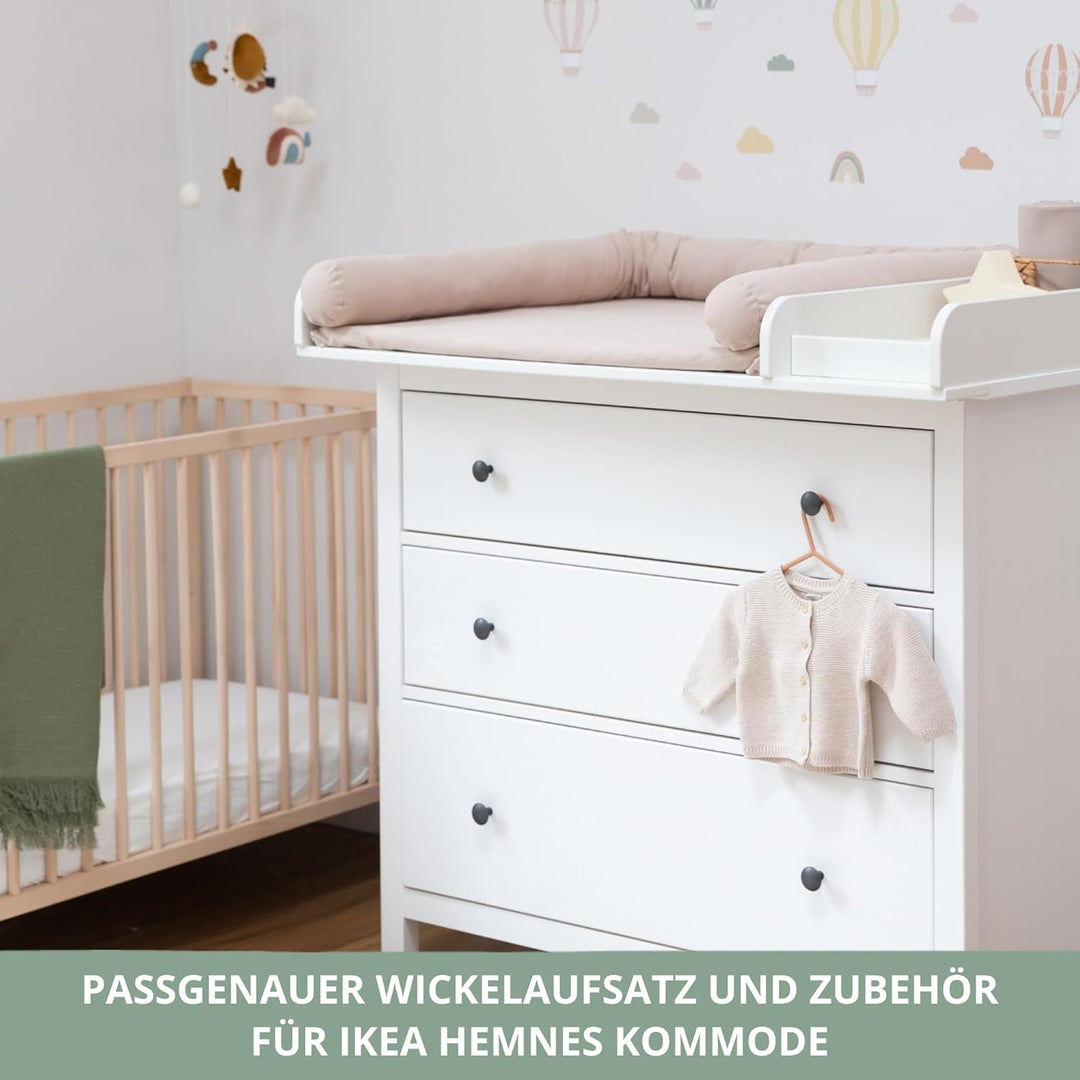 Wickelaufsatz Set für IKEA HEMNES – mit Aufsatz, Wickelauflage & Umrandung aus 100% Baumwolle (Pure