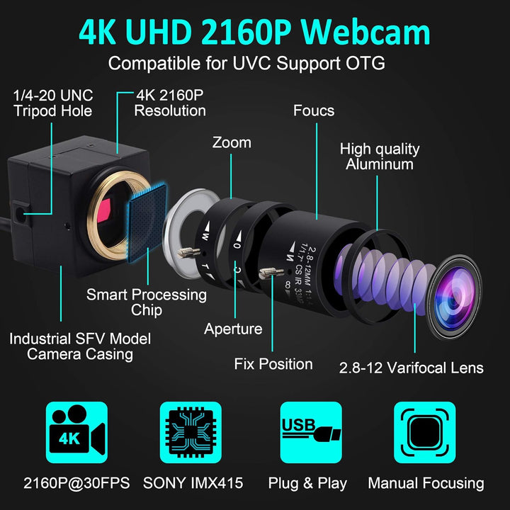 ELP 4K Webcam 30fps,Ultra HD USB Zoom Kamera mit 2.8-12mm Weitwinkel Objektiv,Mini Web Kamera für PC