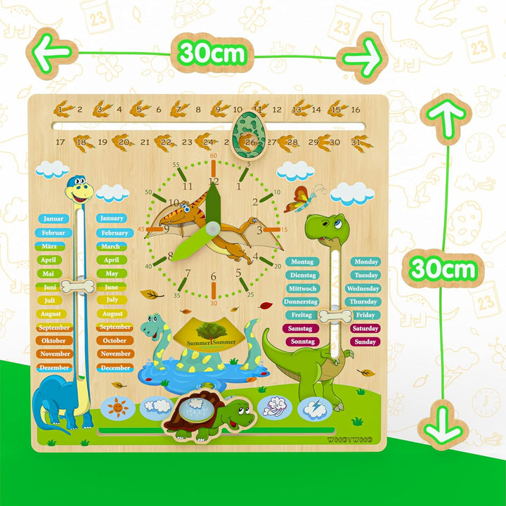 WoodyWood® Kalenderuhr für Kinder - Lernuhr aus Holz, zweisprachig, 30 X 30 cm - Montessori Jahresuh