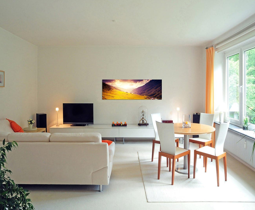 Paul Sinus Art Panoramabild auf Leinwand und Keilrahmen 150x50cm Kaukasus Berge Wiese Sonnenuntergan