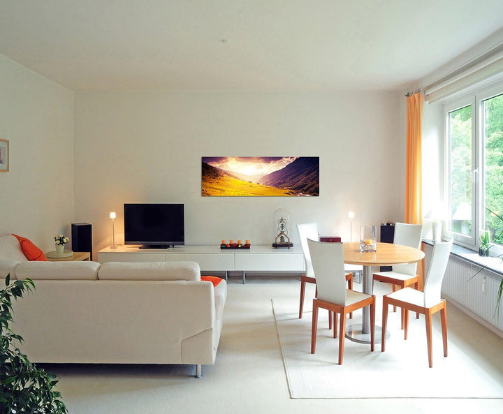 Paul Sinus Art Panoramabild auf Leinwand und Keilrahmen 150x50cm Kaukasus Berge Wiese Sonnenuntergan