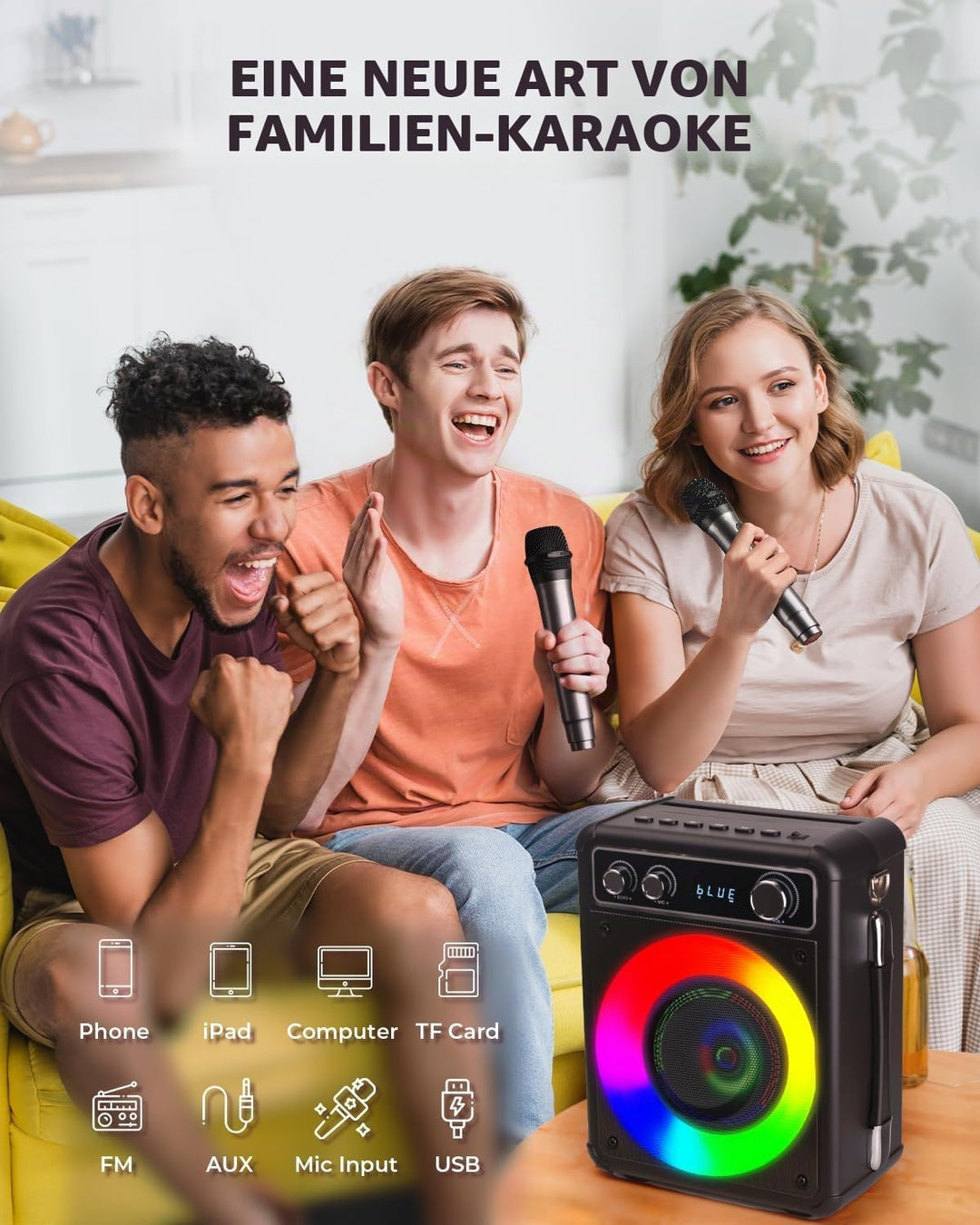 BONAOK Tragbare Karaoke-Maschine, Bluetooth-Karaoke-System mit 2 Mikrofonen, wiederaufladbare Party-