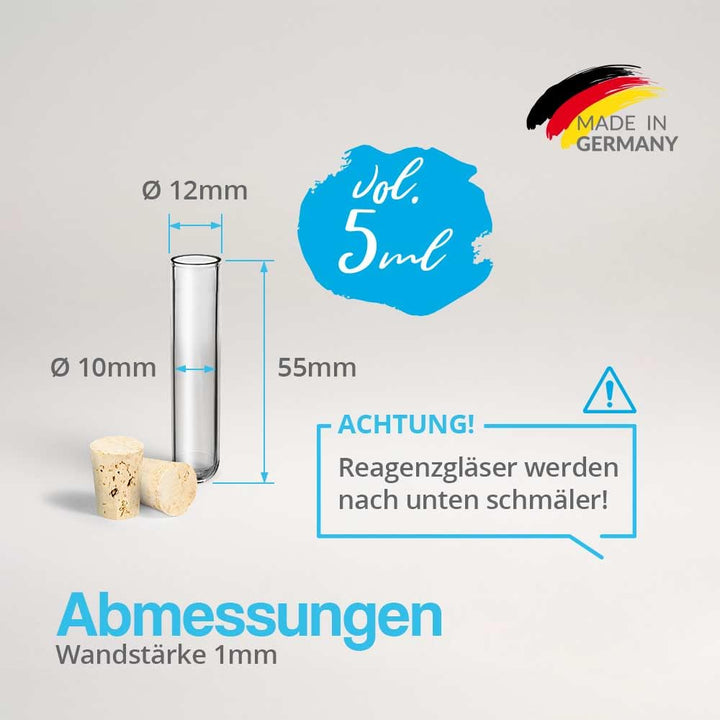 Tuuters 100x Kunststoff Reagenzgläser mit Korken (Naturkorken), Reagenzröhrchen (55 x Ø 12mm), 55 x