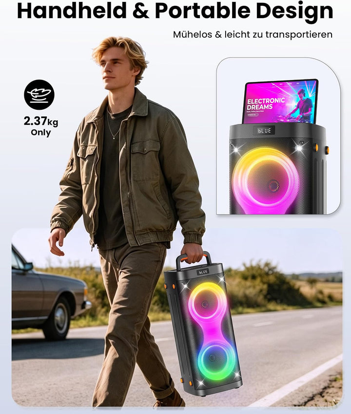 Ankuka Bluetooth Lautsprecher grosse, Partybox mit BT 5.3, 6 Lichtmodi, Mikrofonanschluss, TWS, AUX-
