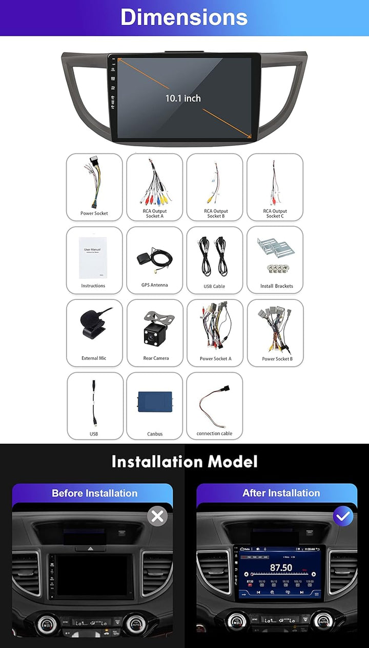 Doppel Din Autoradio Passt Für Honda CRV 2012-2016 -Android 12 Mit GPS Navi 4G RAM +64G ROM - Rückfa