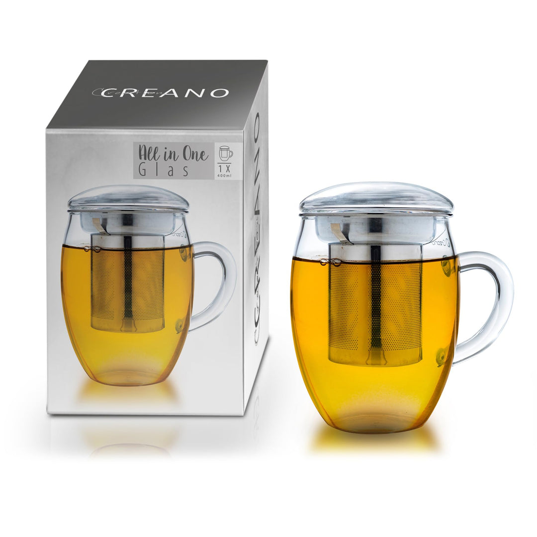 Creano Teeglas all in one 400ml, Grosse Teetasse mit Edelstahlsieb und Deckel aus Glas, Teebereiter