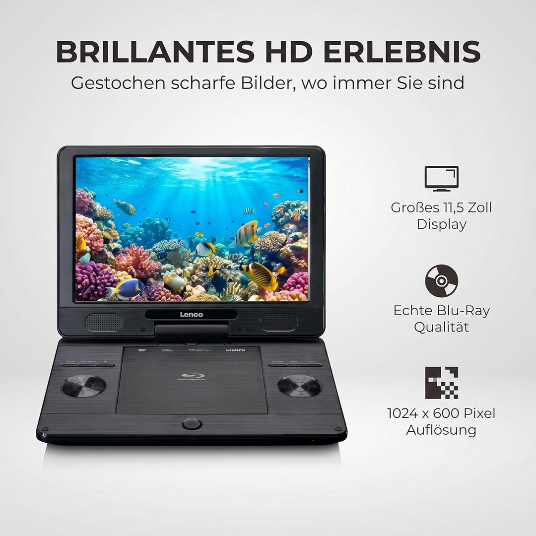 Lenco BRP-1150 tragbarer Blu-Ray DVD-Player - 11,5” drehbarer TFT Bildschirm mit 1024 x 600 Pixel -
