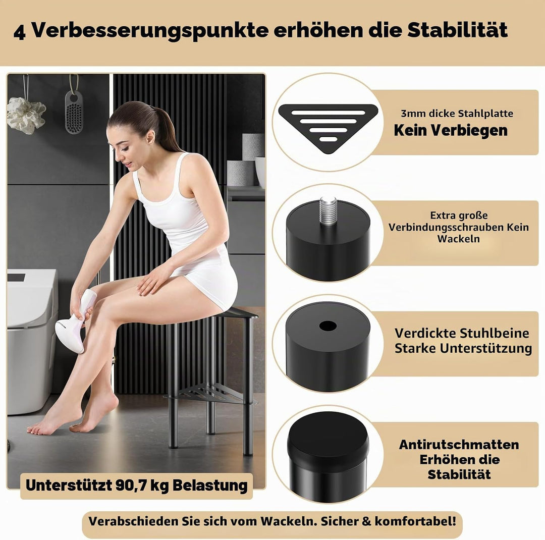 Rostfreier-Eck-Duschfusshocker, Duschfussstützenbank mit Ablagefach für Innendusche, 36CM Höhe, 150K
