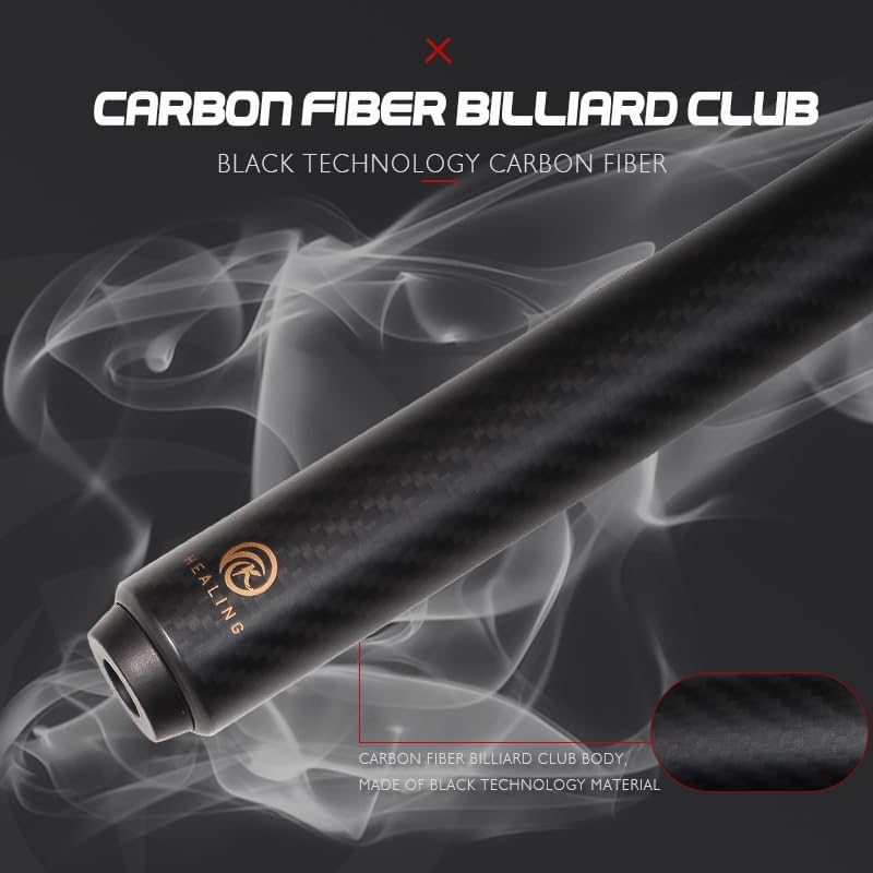 OKHEALING Carbon Fibre Billardqueue, 147cm, 12.4mm Kopf, für Amateur und Profi Billardspieler (mit H