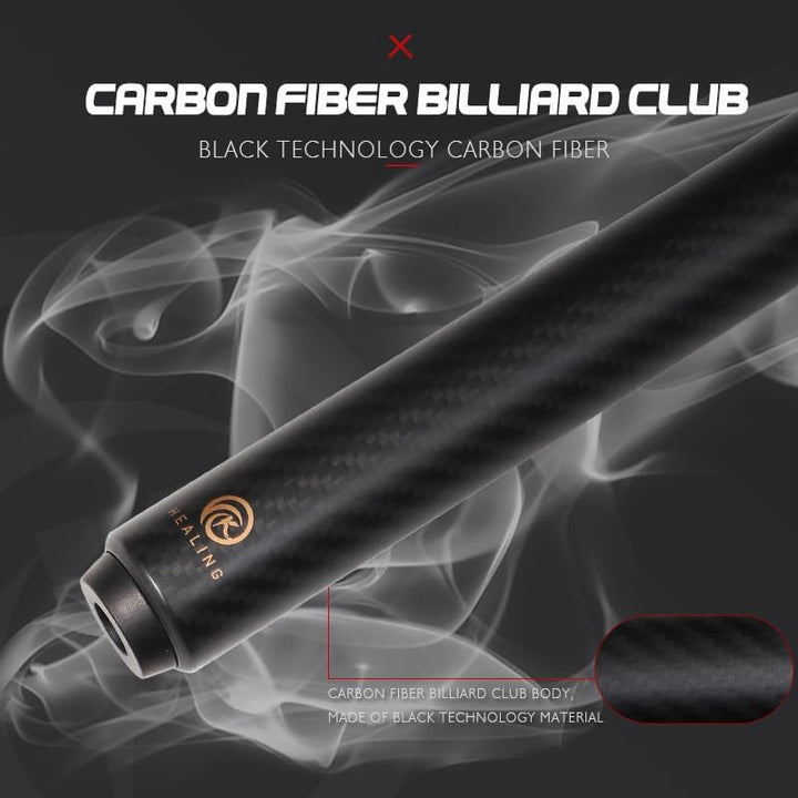 OKHEALING Carbon Fibre Billardqueue, 147cm, 12.4mm Kopf, für Amateur und Profi Billardspieler (mit H