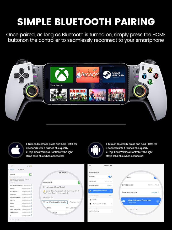HASACOOL Handy Controller Bluetooth für iPhone/Android mit Hall-Effekt Joysticks/Hall Trigger, 1000m