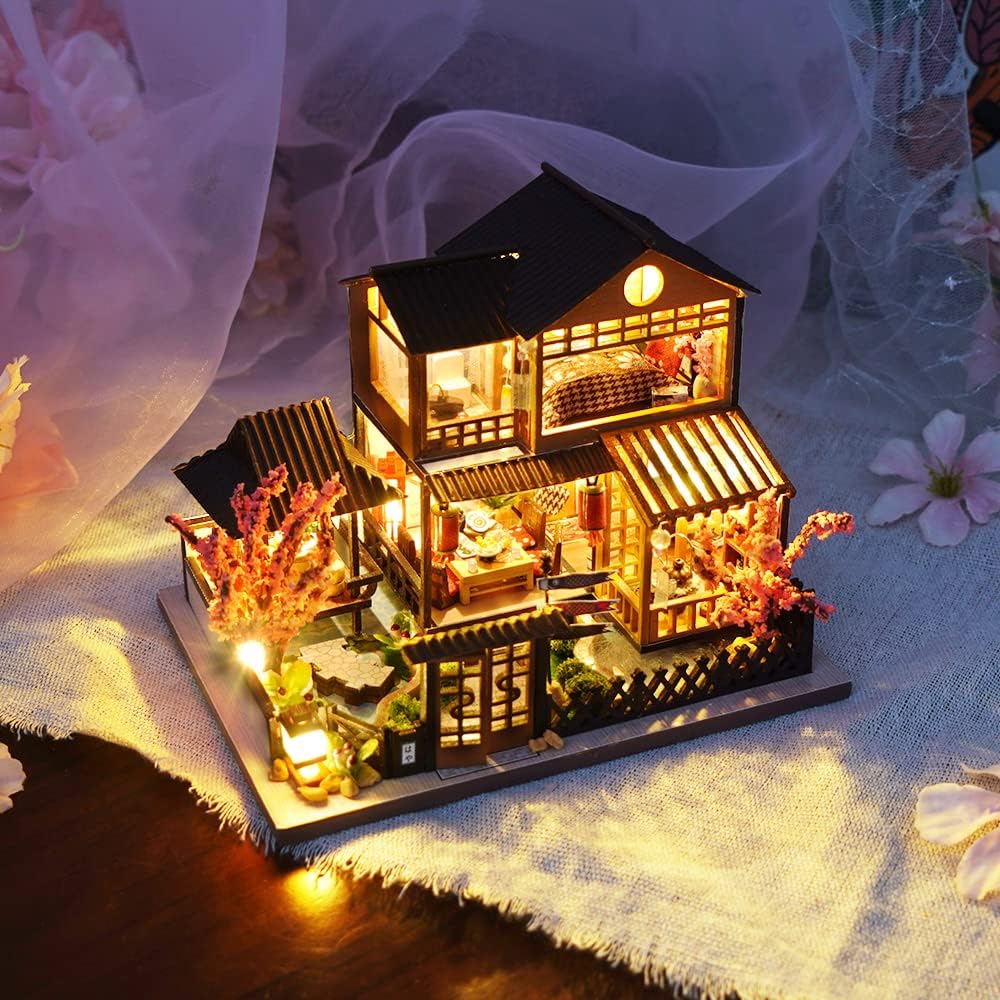 CUTEBEE Puppenhaus Miniatur mit Möbeln, Idee DIY hölzernes Miniatur Haus Kit mit LED-Licht, Massstab