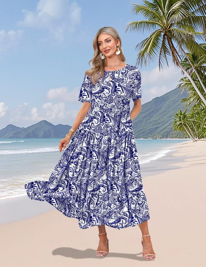 YESNO Damen Kleider Freizeit Lose Sommerkleid Lang Boho Maxikleid für Rundhals Strandkleid Blumenkle