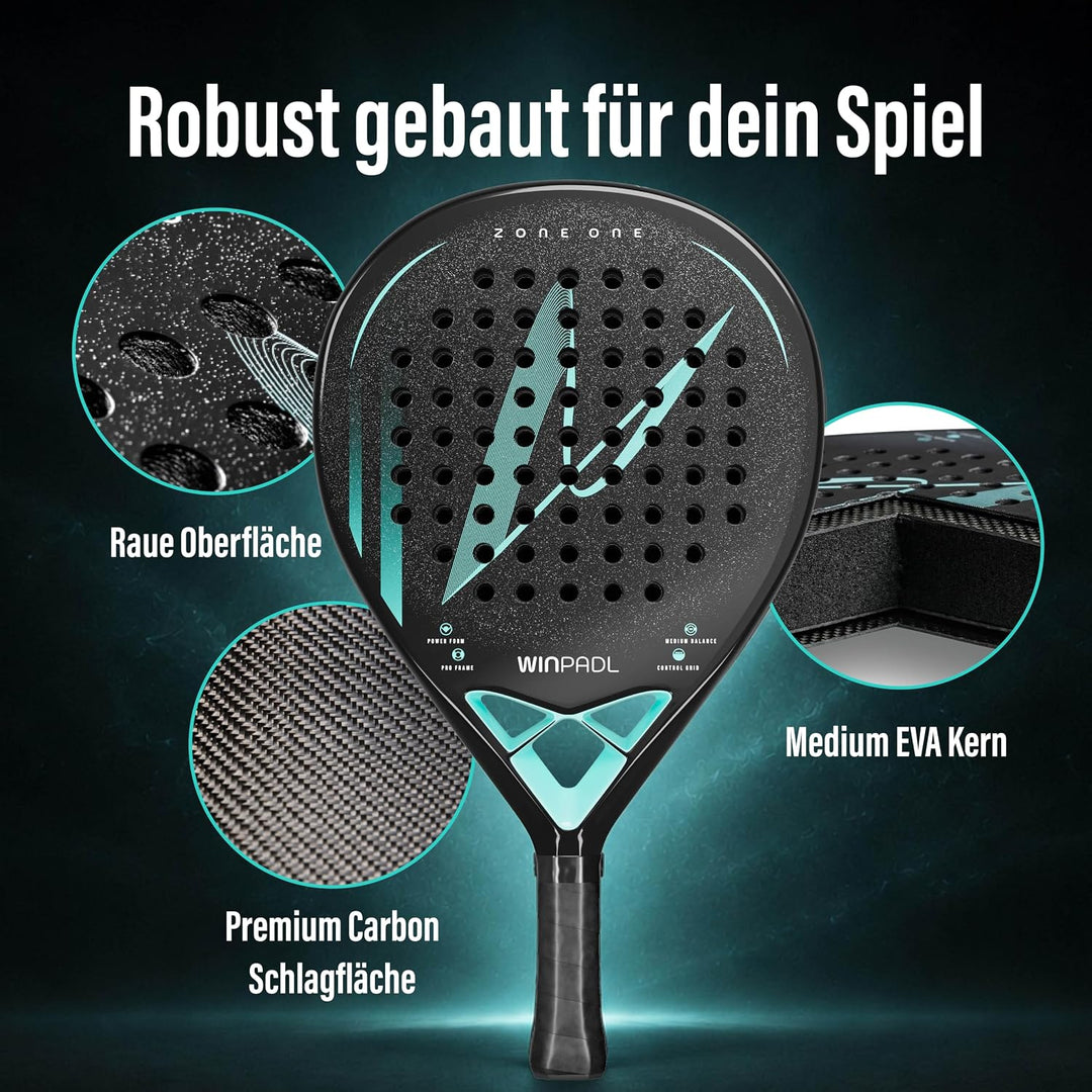 Padelschläger Zone One aus Carbonfaser - 100% Carbon-Rahmen, Soft-Eva-Kern, 365 g, Tropfenform, raue