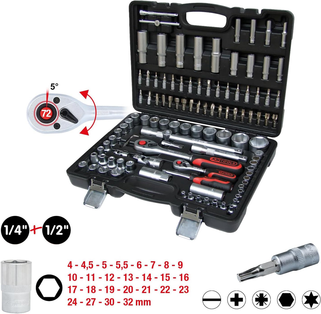 KS Tools 911.0708 1/4 Zoll + 1/2 Zoll Steckschlüssel-Satz | inklusive 2 Umschaltknarren, 45-Zahn | m