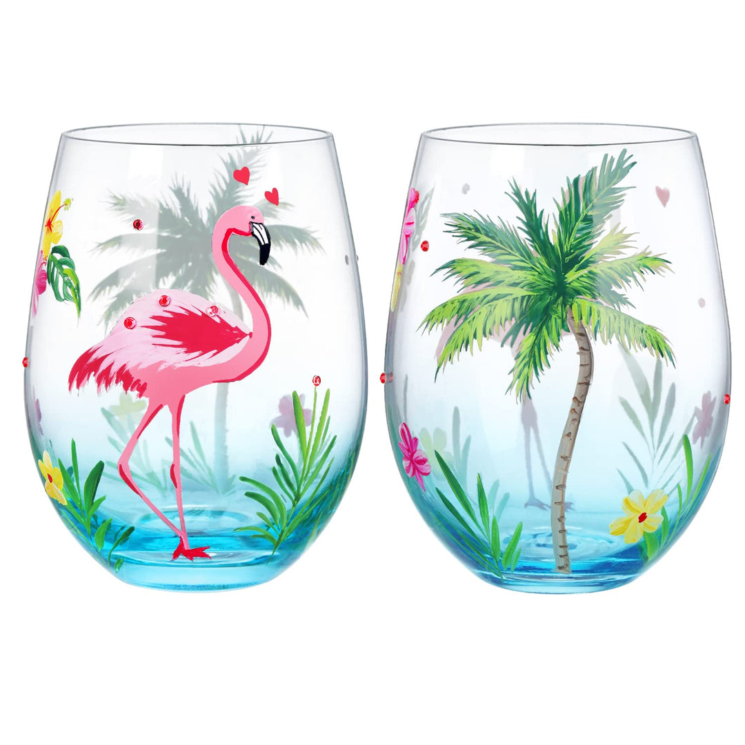 NymphFable Flamingo Weingläser ohne Stiel 2er-Set, Handbemaltes Bunte Weinglas Geschenk für Frauen,