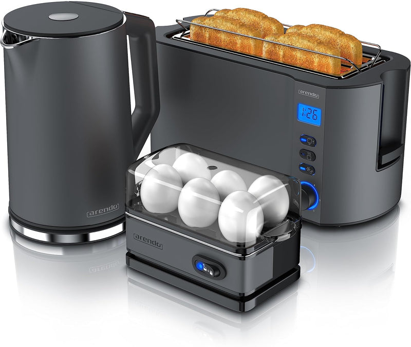 Arendo - Wasserkocher mit Toaster SET und Eierkocher, Edelstahl Cool Grey Wasserkocher 1,5L 40°100°C