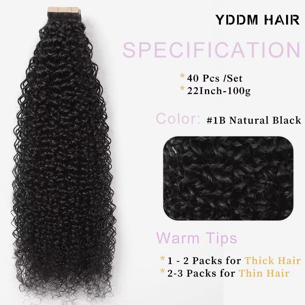 YDDM 22 Zoll Tape Extensions Echthaar 40 Stück 100g Schwarz Kinky Curly Tape In HaarverläNgerung Ech