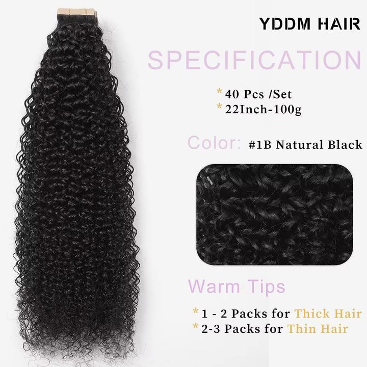 YDDM 22 Zoll Tape Extensions Echthaar 40 Stück 100g Schwarz Kinky Curly Tape In HaarverläNgerung Ech