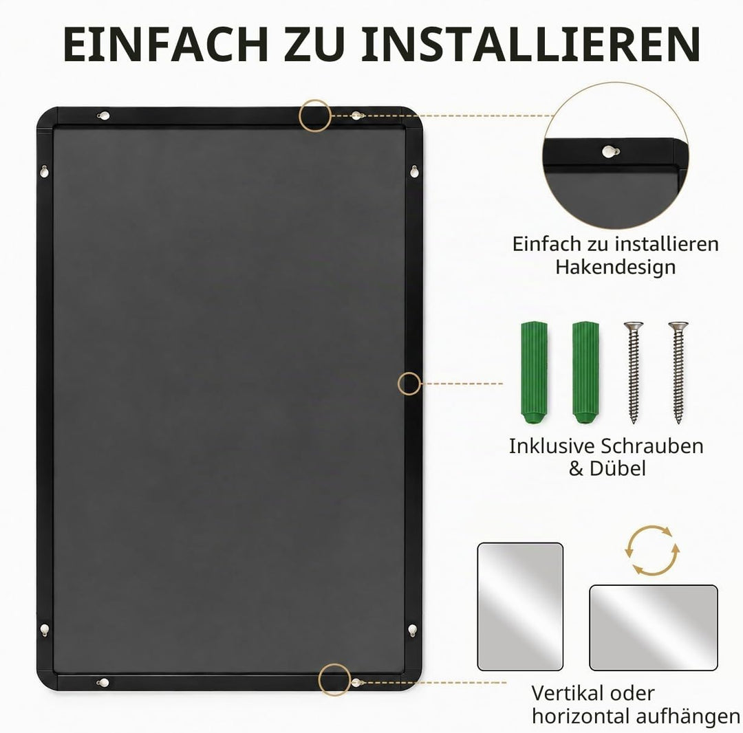Schwarzer Rahmenspiegel 50 x 70 cm, rechteckiger Badezimmer-Wandspiegel, hängend horizontal/vertikal