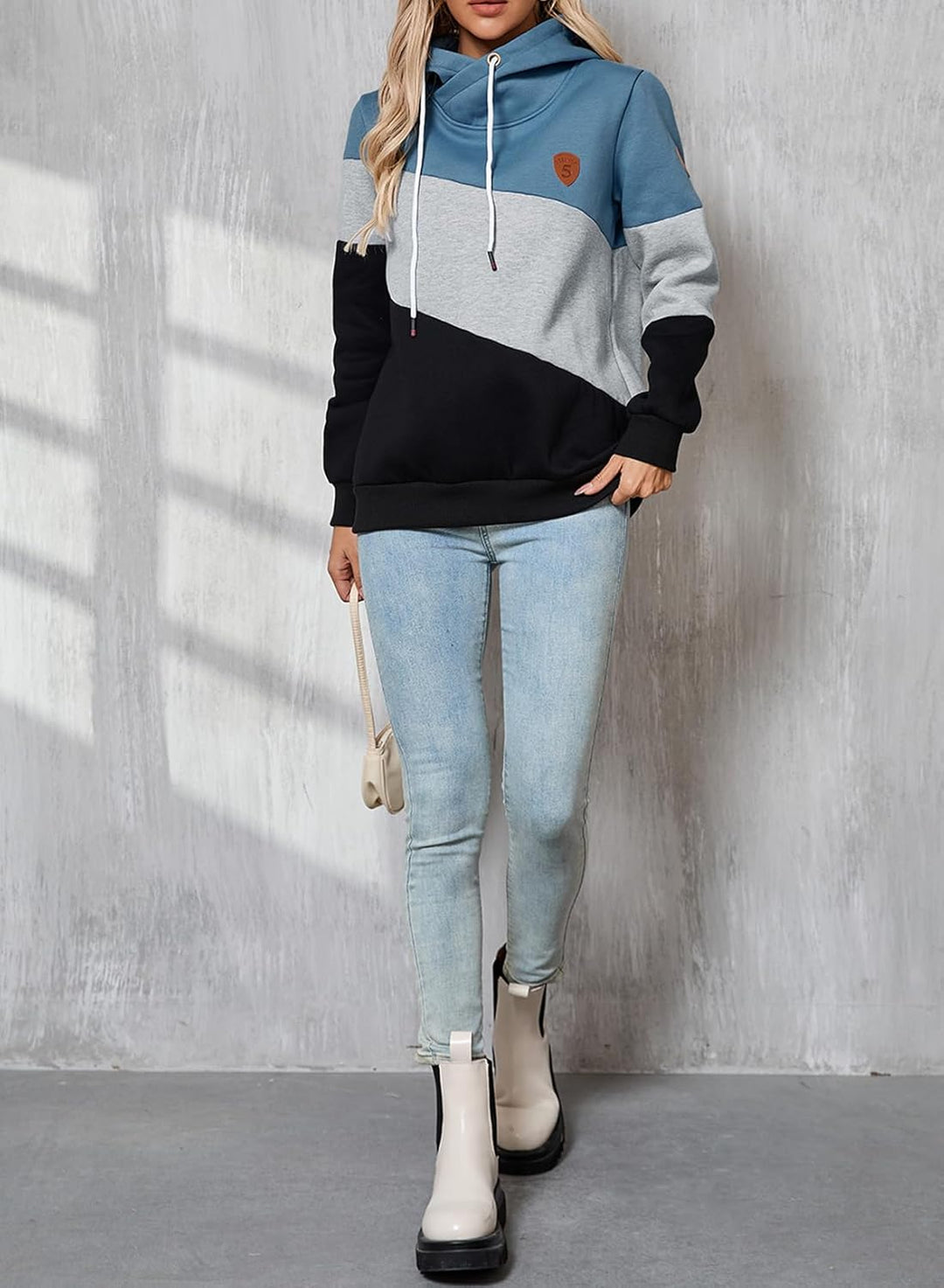 Damen Kapuzenpullover Stehkragen Hoodie Pullover Farbblock Sweatshirt Langarmshirt Oberteile für Her