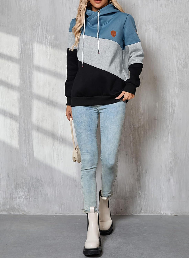 Damen Kapuzenpullover Stehkragen Hoodie Pullover Farbblock Sweatshirt Langarmshirt Oberteile für Her