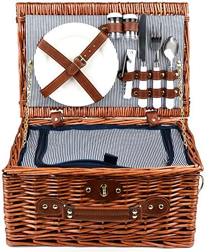 Picknickkorb für 2 Personen mit Kühlfach - Inklusive Bestecksets, Kühlfach, Korkenzieher und Keramik