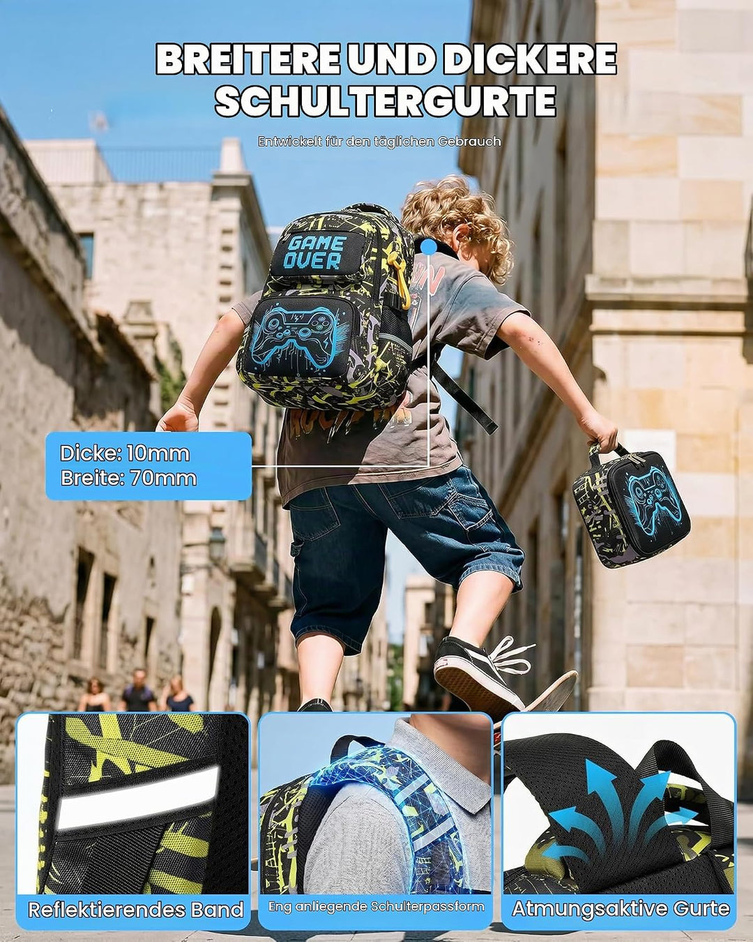 Schulrucksack Jungen Teenager 3 Teilig, Schultasche Kinder für 3. bis 7. Klasse mit Lunch Tasche Fed
