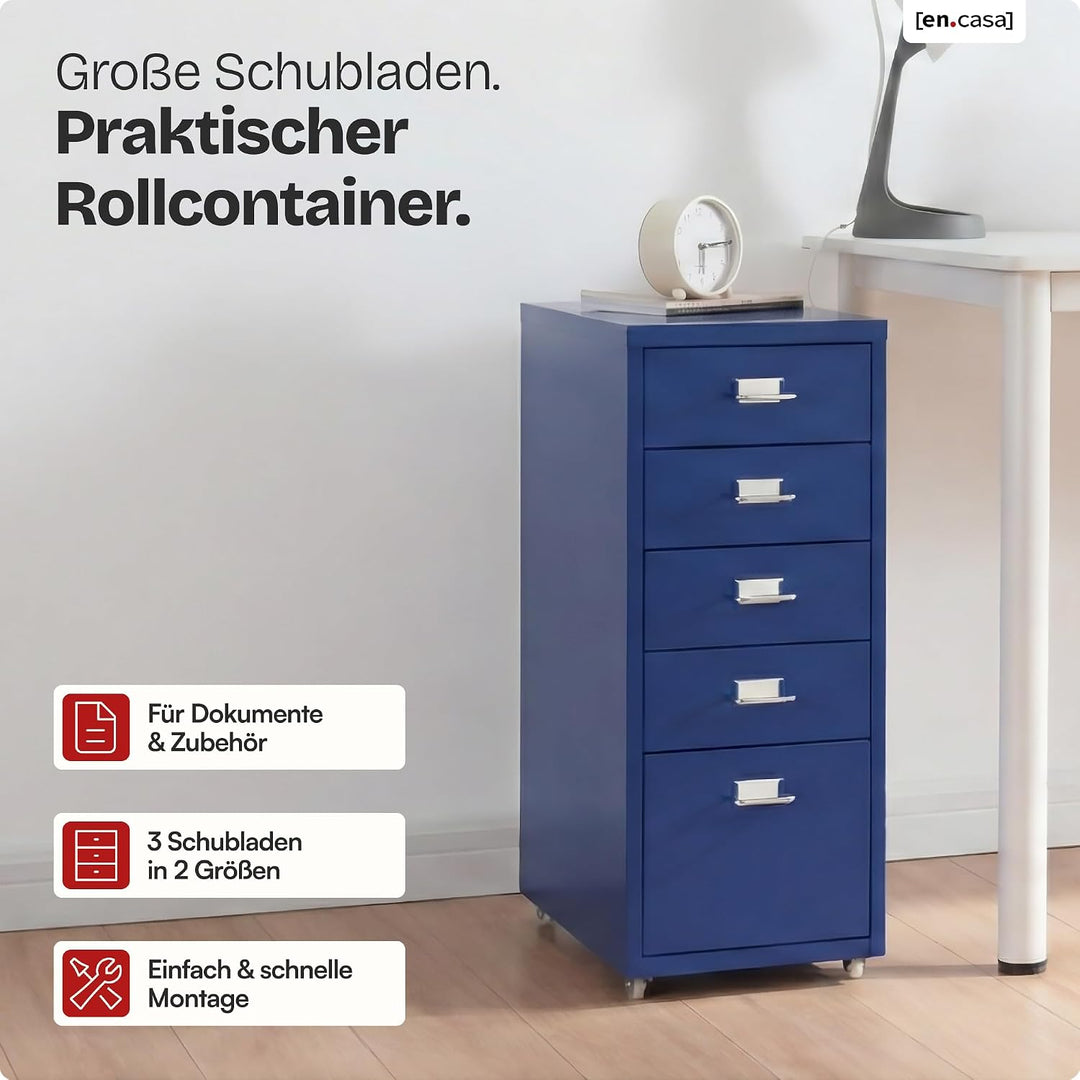 [en.casa] Rollcontainer Kökar Schubladenschrank Metall Aktenschrank mit 5 Schubladen Bürowagen mit R