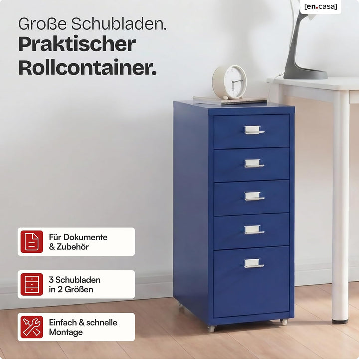 [en.casa] Rollcontainer Kökar Schubladenschrank Metall Aktenschrank mit 5 Schubladen Bürowagen mit R