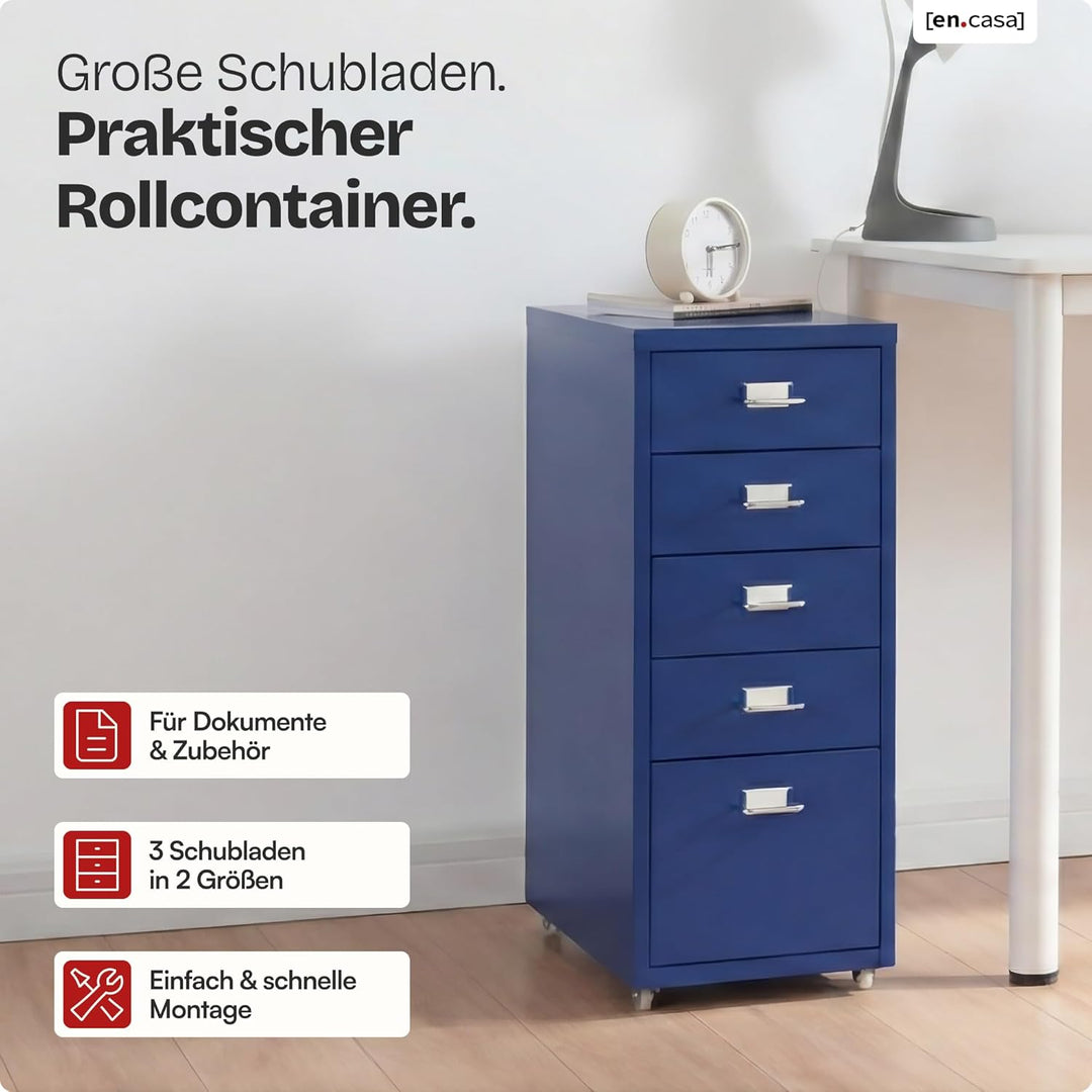 [en.casa] Rollcontainer Kökar Schubladenschrank Metall Aktenschrank mit 5 Schubladen Bürowagen mit R