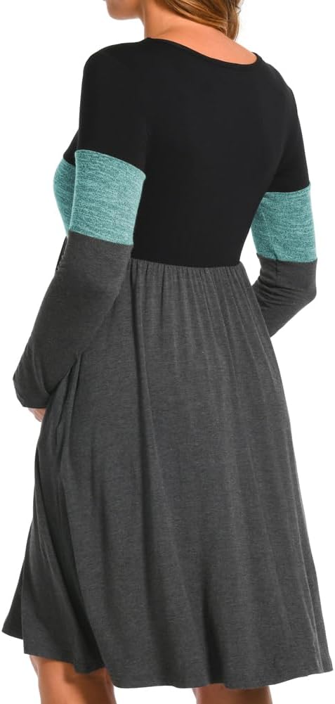 Bearsland Women’s Long Sleeve Maternity Dresses Patchwork Pregnancy Dress with Pocket M Grün, M Grün