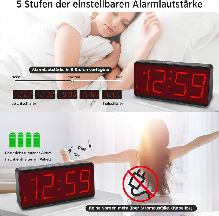 Eachui Wecker digital Batteriebetrieben mit grossen Zahlen, Digitaler Wecker mit LED Display, regelb