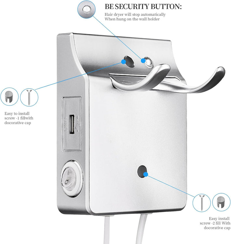 QL Haartrockner Ionen mit Wandhalterung und USB-Steckdose,Föhn mit ThermoProtect Technologie 2000wat