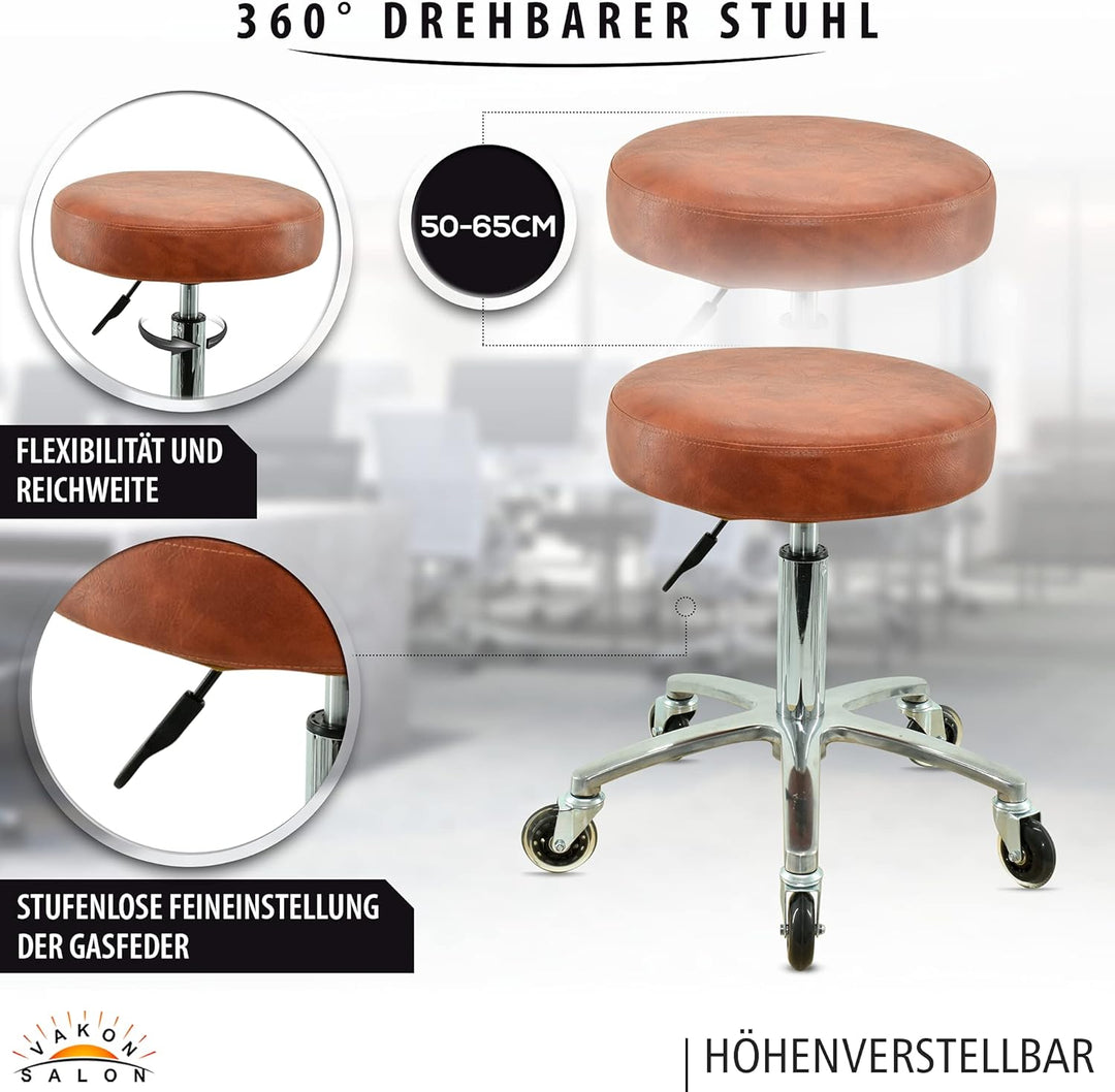 VAKON SALON - Premium Rollhocker Hellbraun höhenverstellbar von 50 bis 65 cm - Rundsitz- Drehhocker