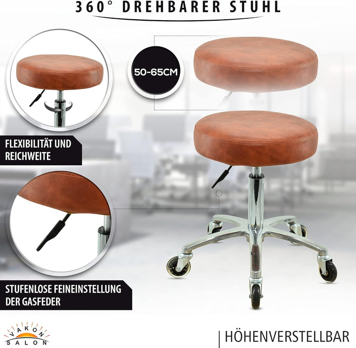 VAKON SALON - Premium Rollhocker Hellbraun höhenverstellbar von 50 bis 65 cm - Rundsitz- Drehhocker